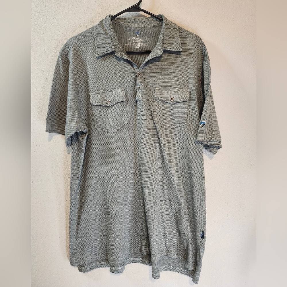 Kuhl Mens Gray Stripe Polo With Double Pocket And Cotton Blend Size Large - Picture 1 of 7